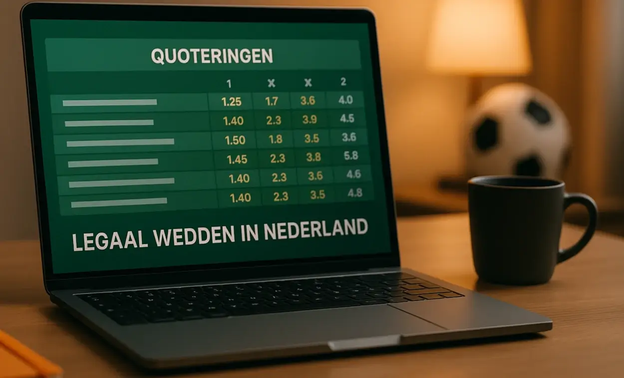 Moderne werkplek voor online sportweddenschappen in Nederland met laptop en sportattributen