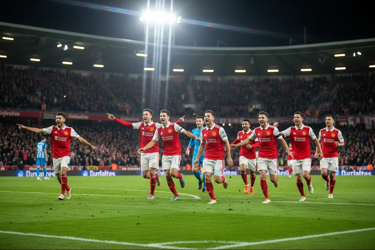 Voetballers vieren een doelpunt op het veld met supporters op de achtergrond