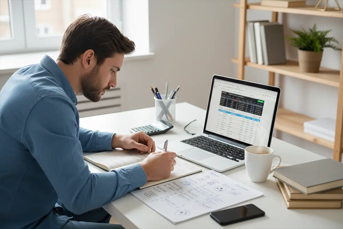Persoon plant weddenschappen met notities en laptop op bureau