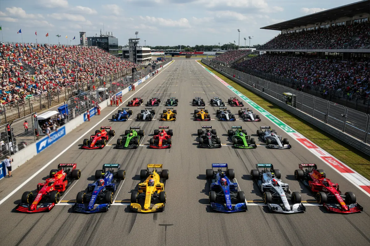 Formule 1 startveld met meerdere racewagens op het circuit