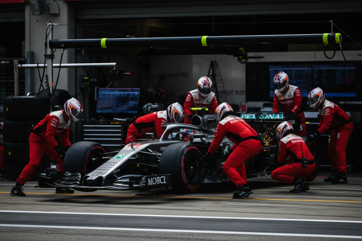 Formule 1 pitstop met team dat banden wisselt