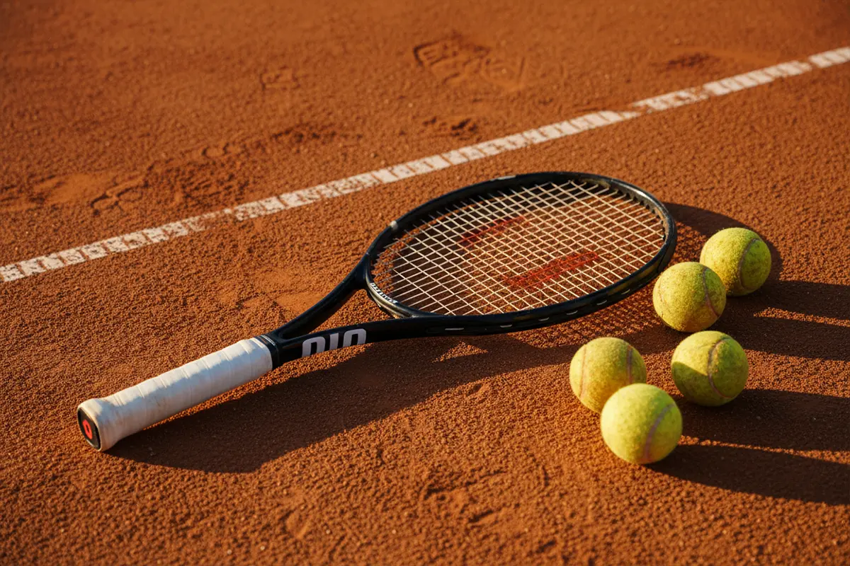 Tennisracket en ballen op een gravelbaan