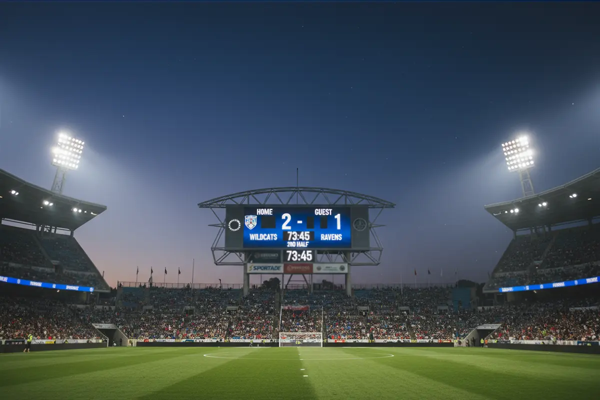 Scorebord in voetbalstadion met doelpunten voor beide teams