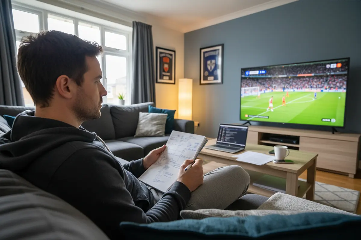 Persoon bestudeert een voetbalwedstrijd op televisie met notities
