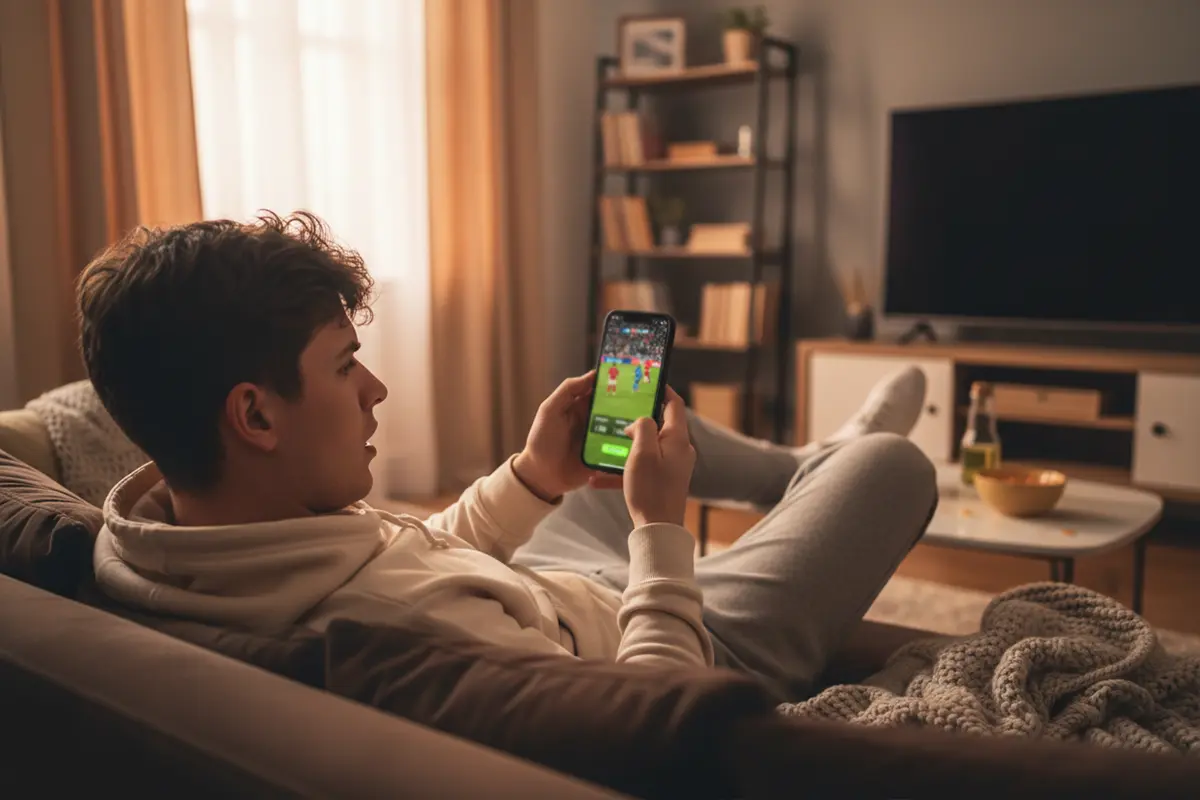 Persoon bekijkt live sportwedstrijd op smartphone