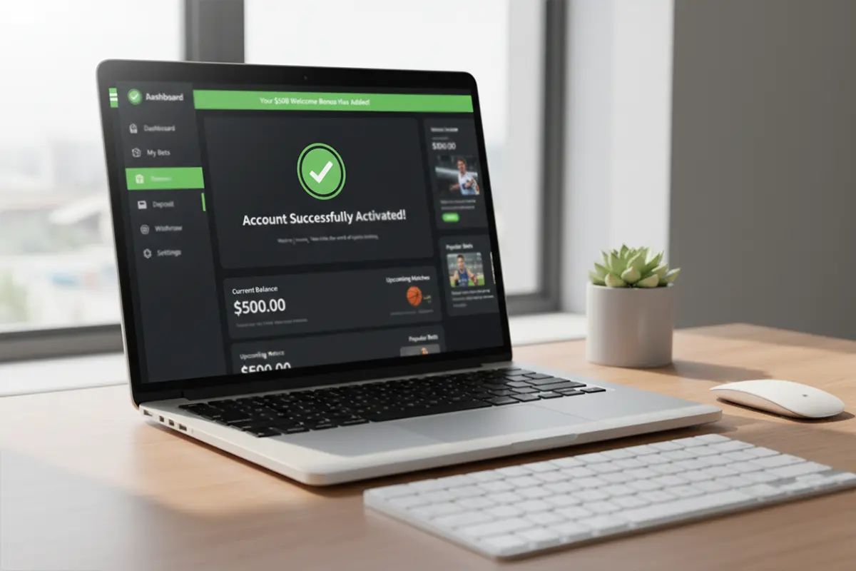 Laptop scherm met succesvol geactiveerd bookmaker account