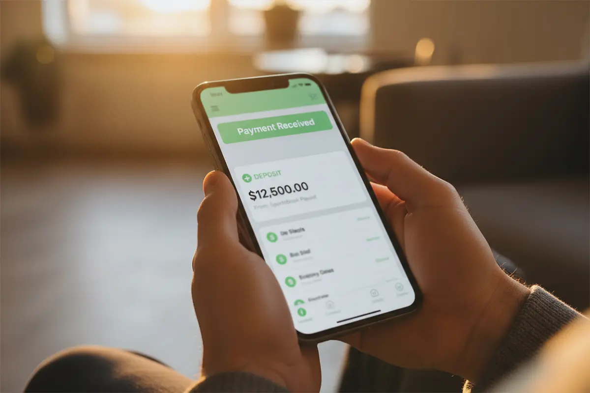 Bankapp op smartphone toont ontvangen uitbetaling