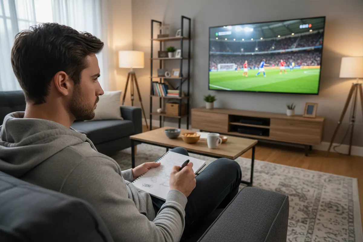Gefocuste persoon maakt notities tijdens het kijken naar een voetbalwedstrijd op televisie