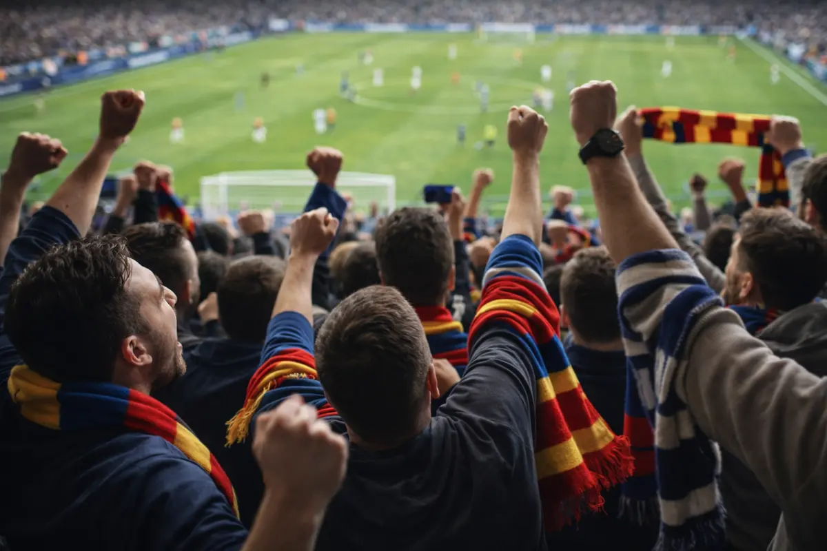 Voetbalsupporters met sjaals in een vol stadion tijdens een wedstrijd