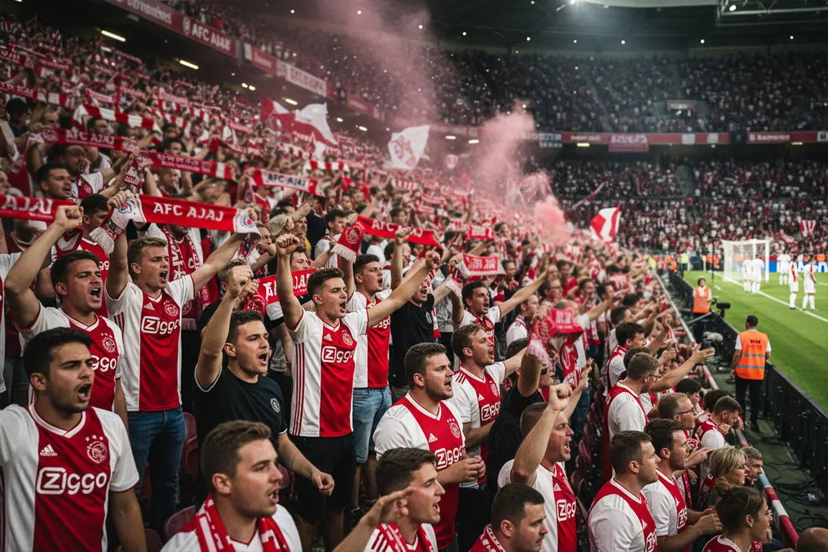 Ajax-supporters met vlaggen en sjaals in een uitvak van een stadion