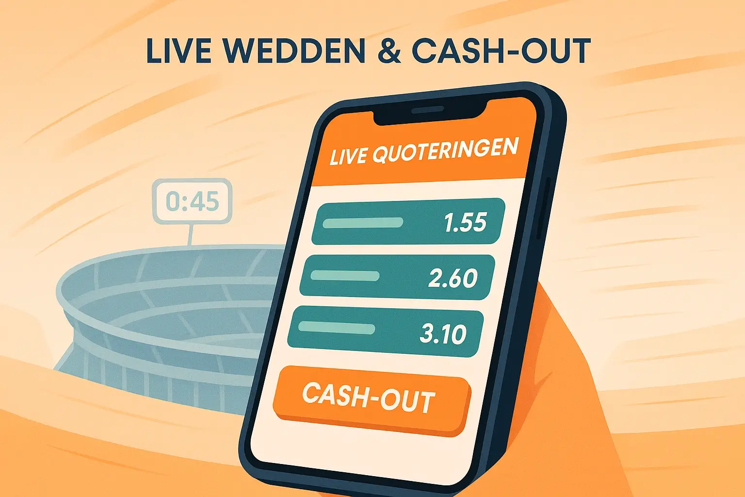 Smartphone met live wedden interface en cash-out functie tijdens een sportwedstrijd
