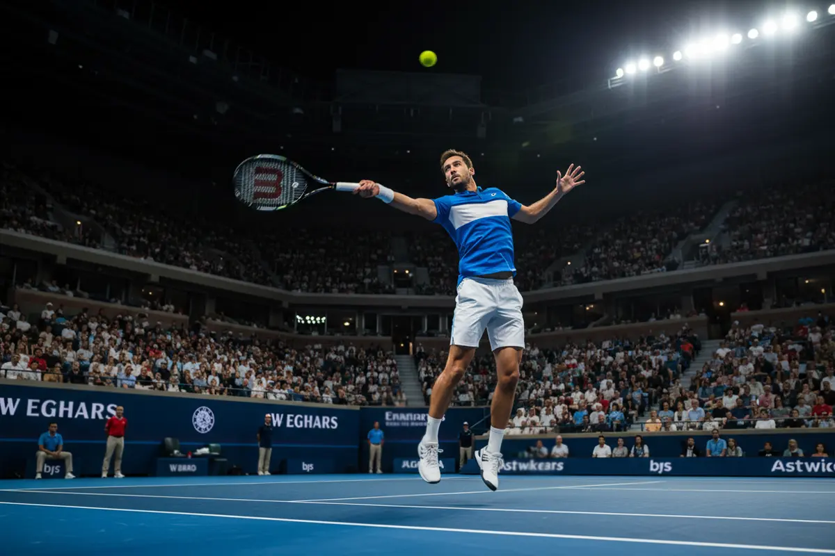 Tennisser in actie op een professionele tennisbaan